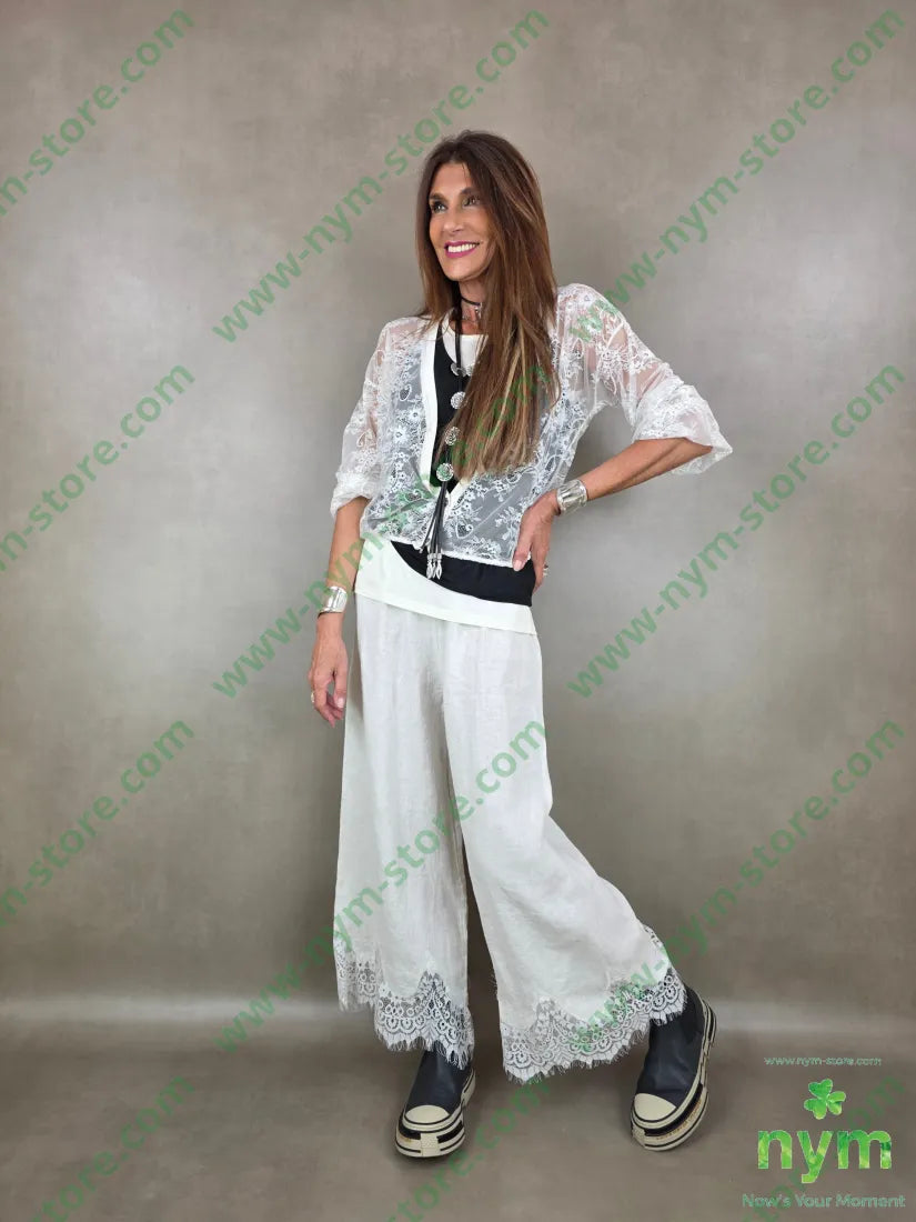 pantalone lino pizzo ondulato 100li - U / PANNA / PE26 - PANTALONE