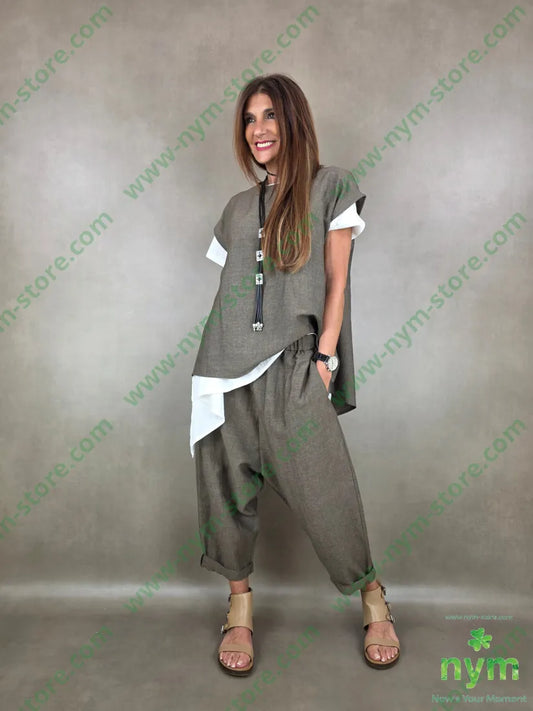 pantalone misto lino con elastico triangolo 56vi34li10pl - U / FANGO S. / PE26 - PANTALONE