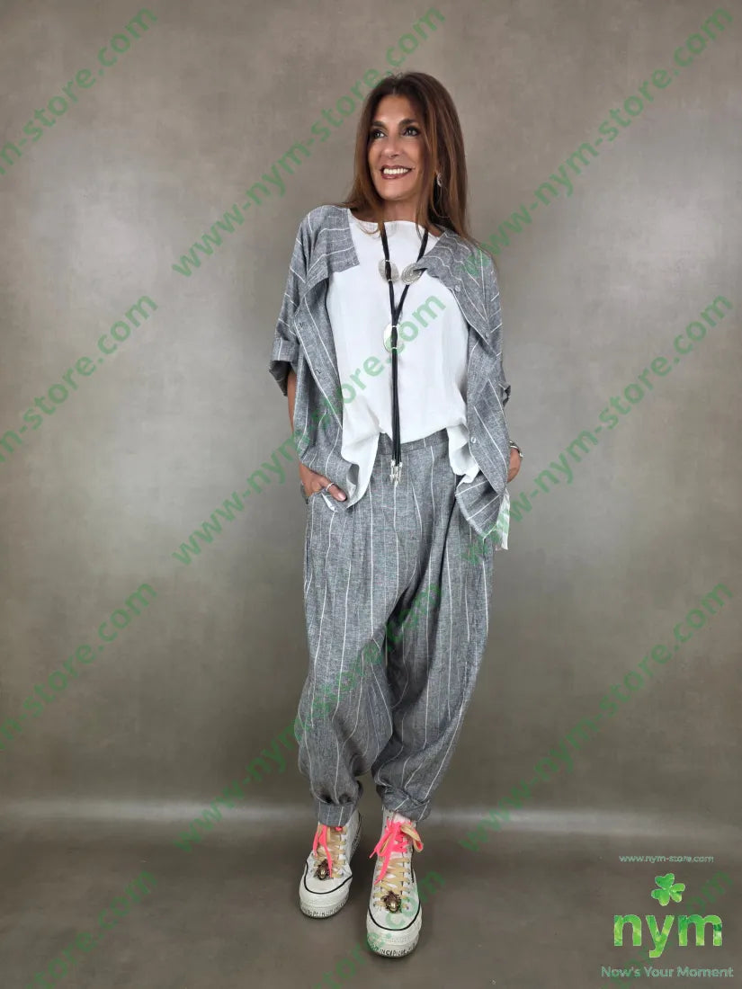 pantalone misto lino gessato dettaglio imbuto 55li45vi - PANTALONE