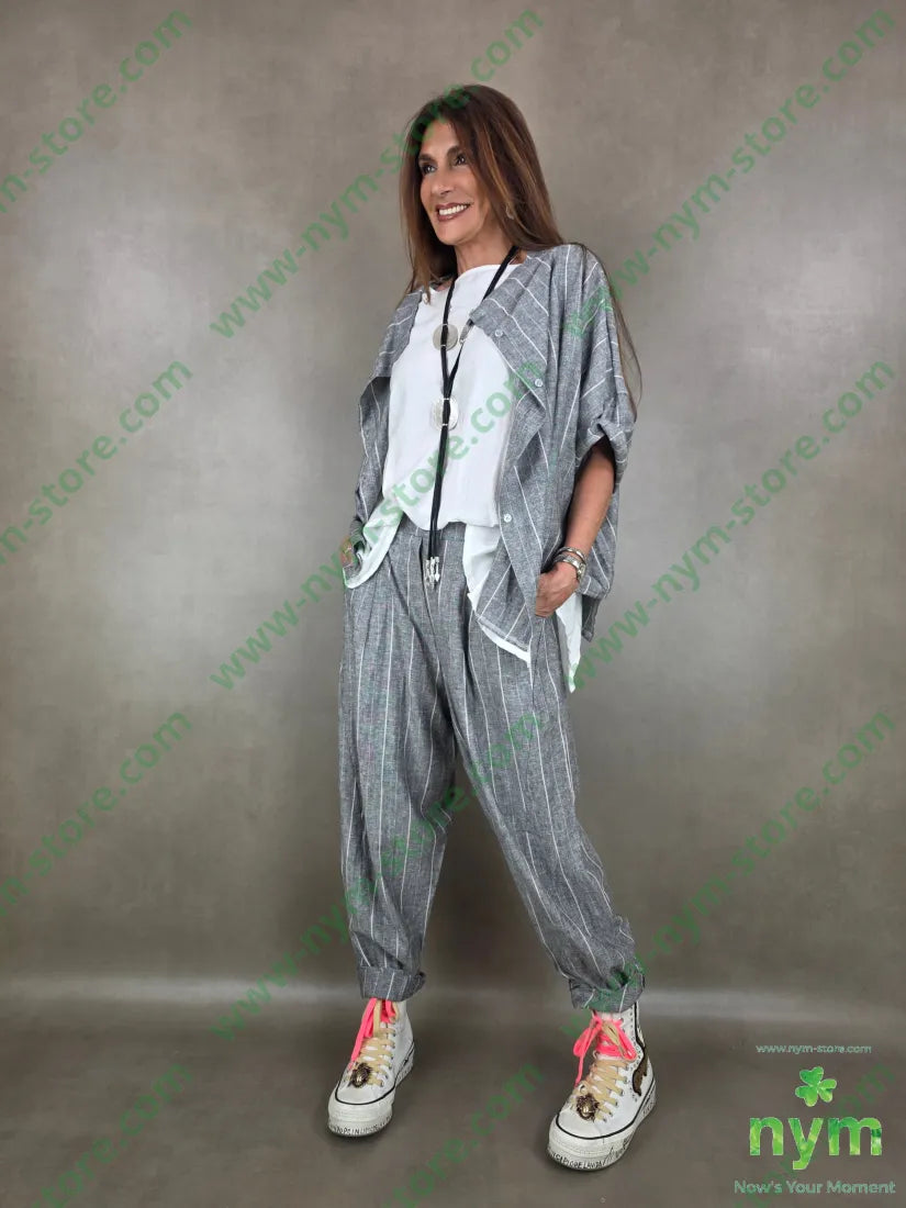 pantalone misto lino gessato dettaglio imbuto 55li45vi - PANTALONE