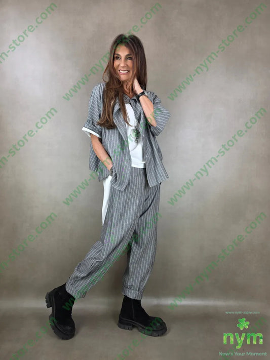 pantalone misto lino gessato dettaglio imbuto 55li45vi PANTALONE