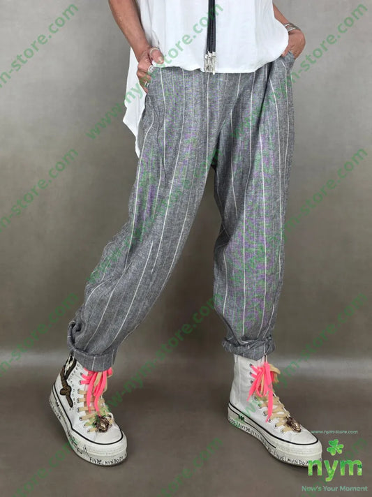 pantalone misto lino gessato dettaglio imbuto 55li45vi - U / GRIGIO C. / PE26 - PANTALONE
