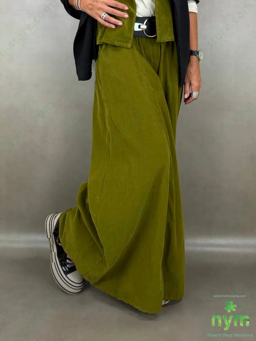 pantalone palazzo velluto millerighe 100co - U / OLIO / AI26 - PANTALONE