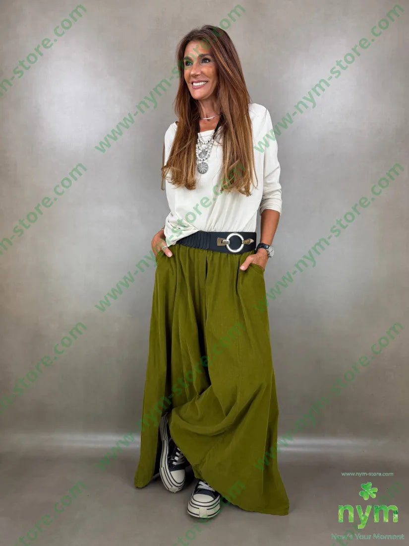 pantalone palazzo velluto millerighe 100co - U / OLIO / AI26 - PANTALONE