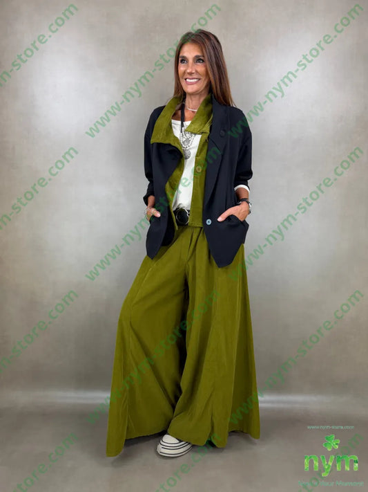 pantalone palazzo velluto millerighe 100co - U / OLIO / AI26 - PANTALONE