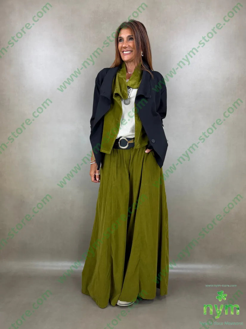 pantalone palazzo velluto millerighe 100co - U / OLIO / AI26 - PANTALONE