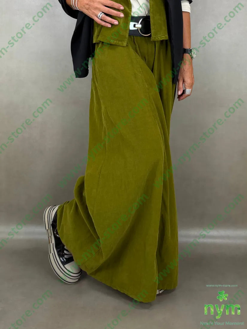 pantalone palazzo velluto millerighe 100co - U / OLIO / AI26 - PANTALONE
