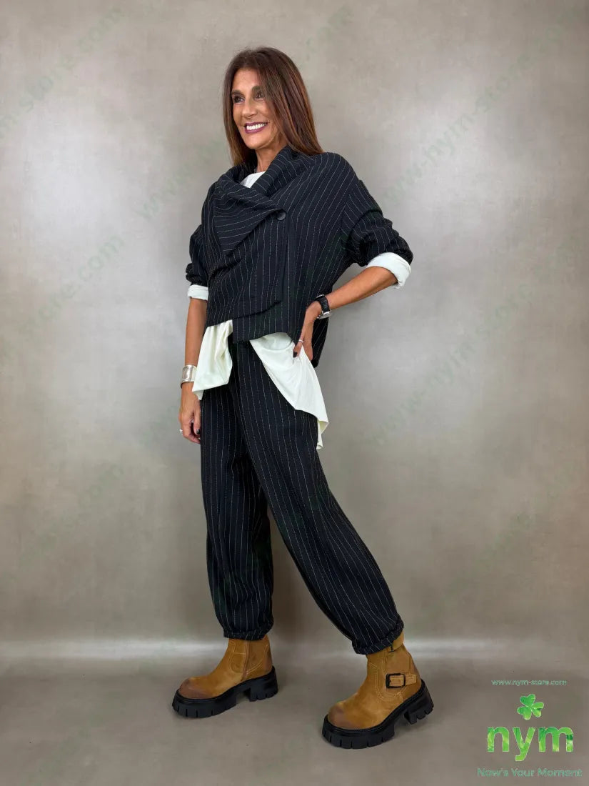 Pantalone pinces fondo gessato tratti 80co20pl - U / NERO / AI26 - PANTALONE