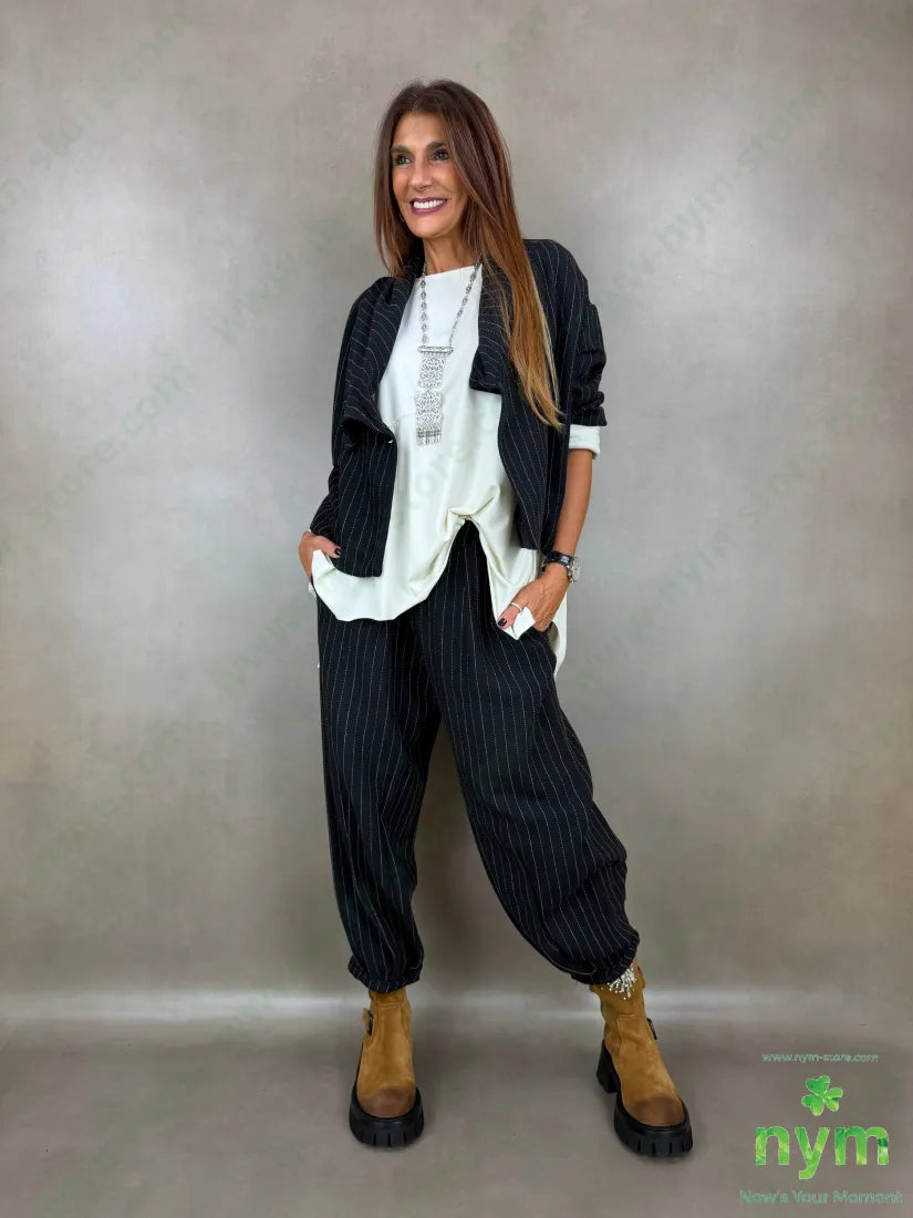 Pantalone pinces fondo gessato tratti 80co20pl - U / NERO / AI26 - PANTALONE
