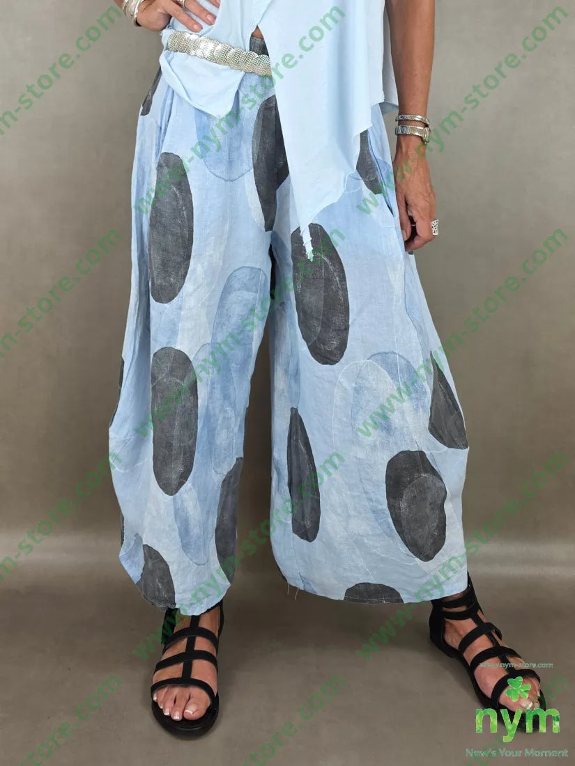 pantalone puro lino fantasia bolle 100li - U / AZZURRO / PE26 - PANTALONE