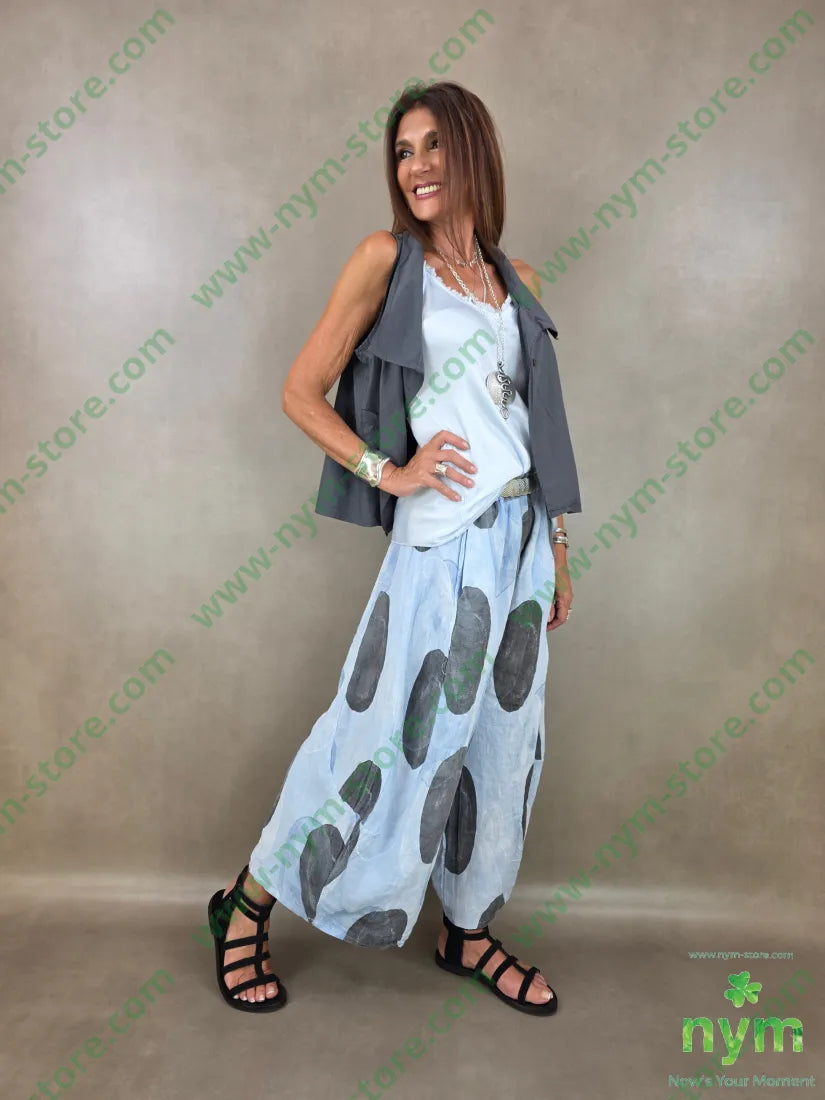 pantalone puro lino fantasia bolle 100li - U / AZZURRO / PE26 - PANTALONE
