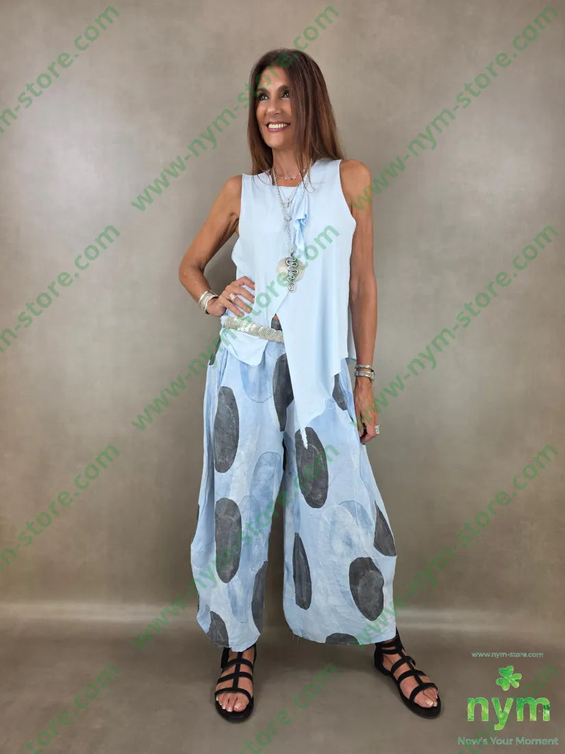 pantalone puro lino fantasia bolle 100li - U / AZZURRO / PE26 - PANTALONE