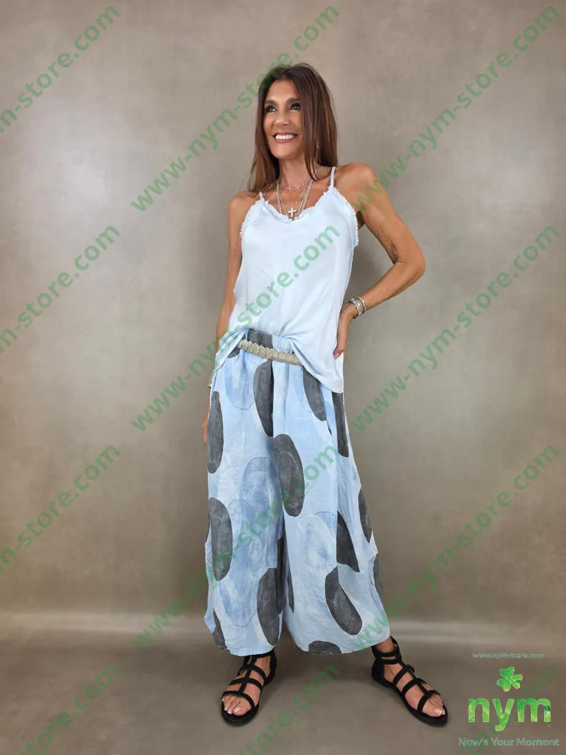 pantalone puro lino fantasia bolle 100li - U / AZZURRO / PE26 - PANTALONE