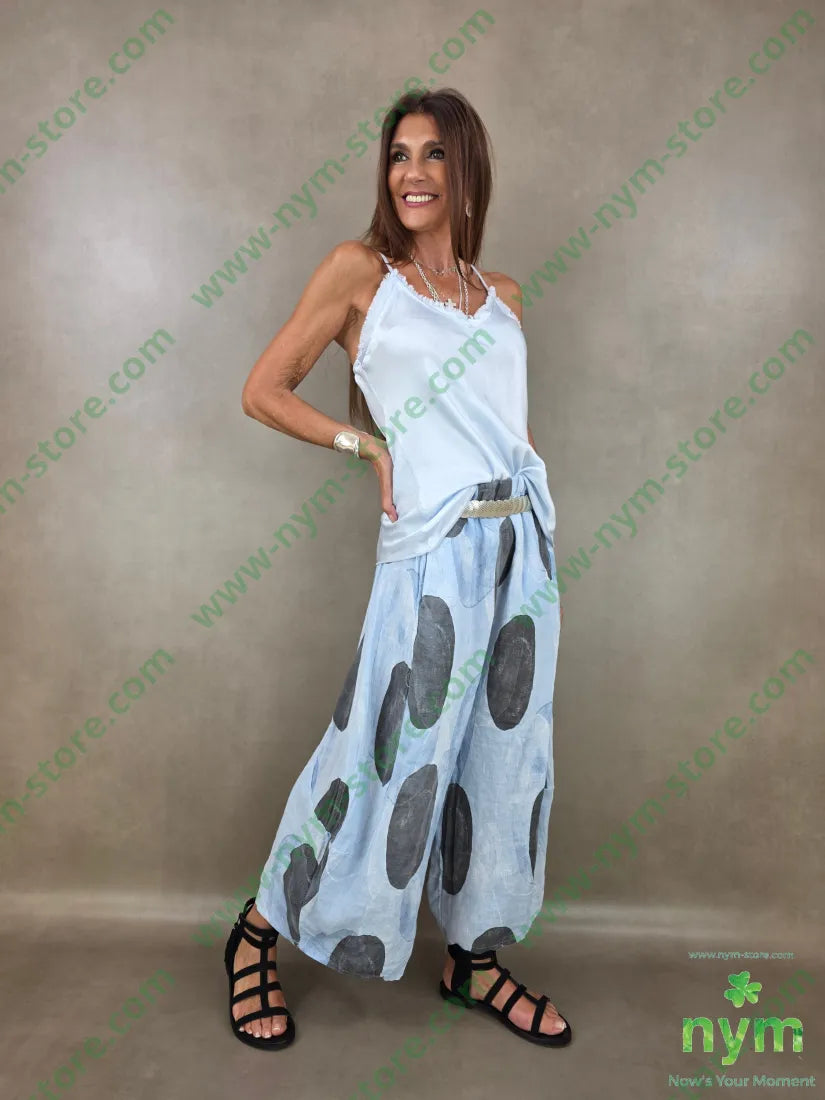 pantalone puro lino fantasia bolle 100li - U / AZZURRO / PE26 - PANTALONE