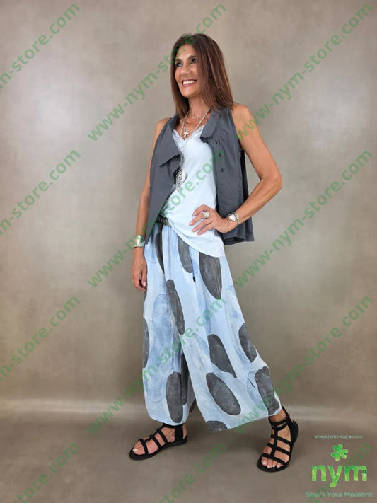 pantalone puro lino fantasia bolle 100li - U / AZZURRO / PE26 - PANTALONE