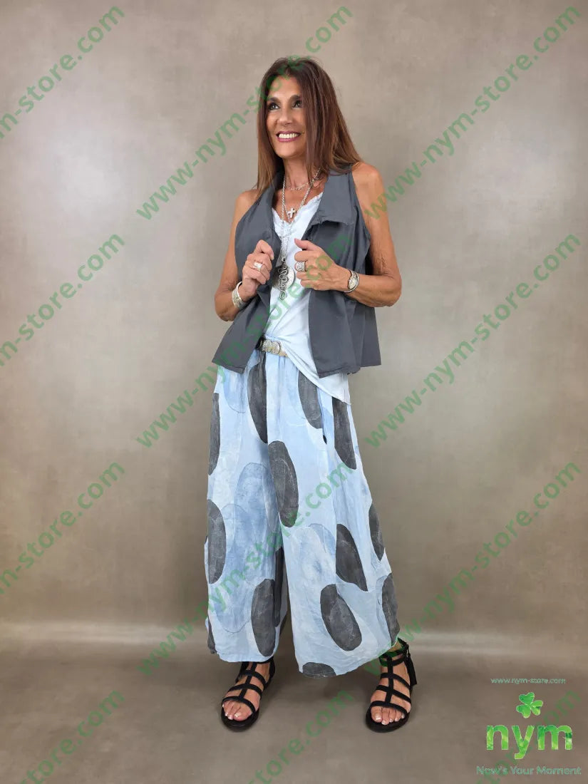 pantalone puro lino fantasia bolle 100li - U / AZZURRO / PE26 - PANTALONE