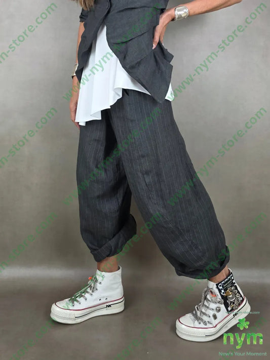 pantalone puro lino gessato corto dto 100li - U / ANTRACITE / PE26 - PANTALONE