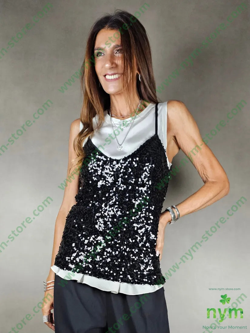 top paillettes con spallina 100pl U / NERO / PE25 TOP